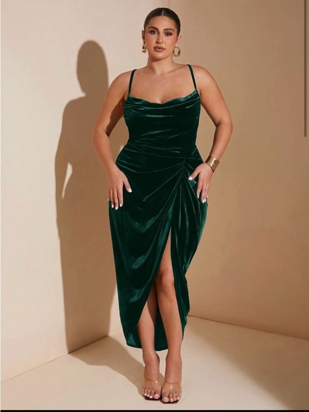 SHEIN Emerald Green Velvet Cowl Midi Dress with Side Ruched Slit